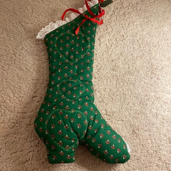 Vintage Victorian High Heel Shoe Boot Christmas Stocking Hand Made Green 17.5” - Picture 4 of 8